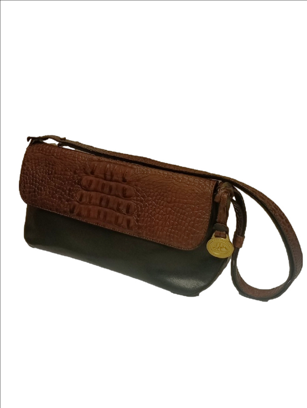 BRAHMIN VINTAGE 1980's BLACK & BROWN CROC EMBOSSED LEATHER SHOULDER BAG